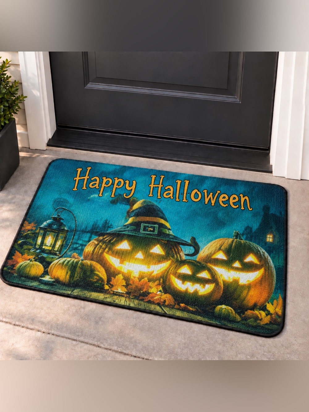 Happy Halloween Pumpkin Doormat - Teal and Orange
